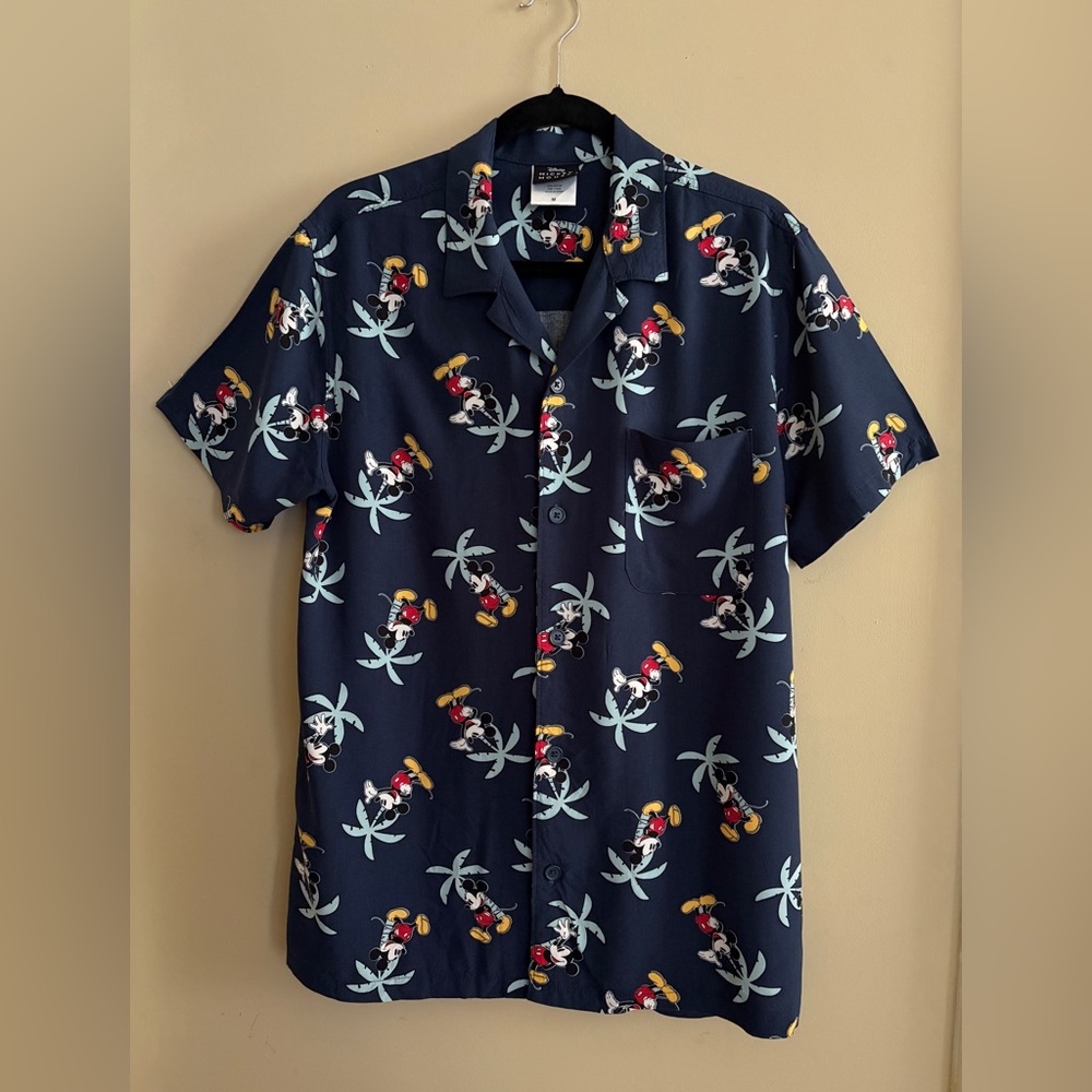 Disney Mickey Mouse Navy Blue Tropical  Men's Short Sleeve Shirt Medium